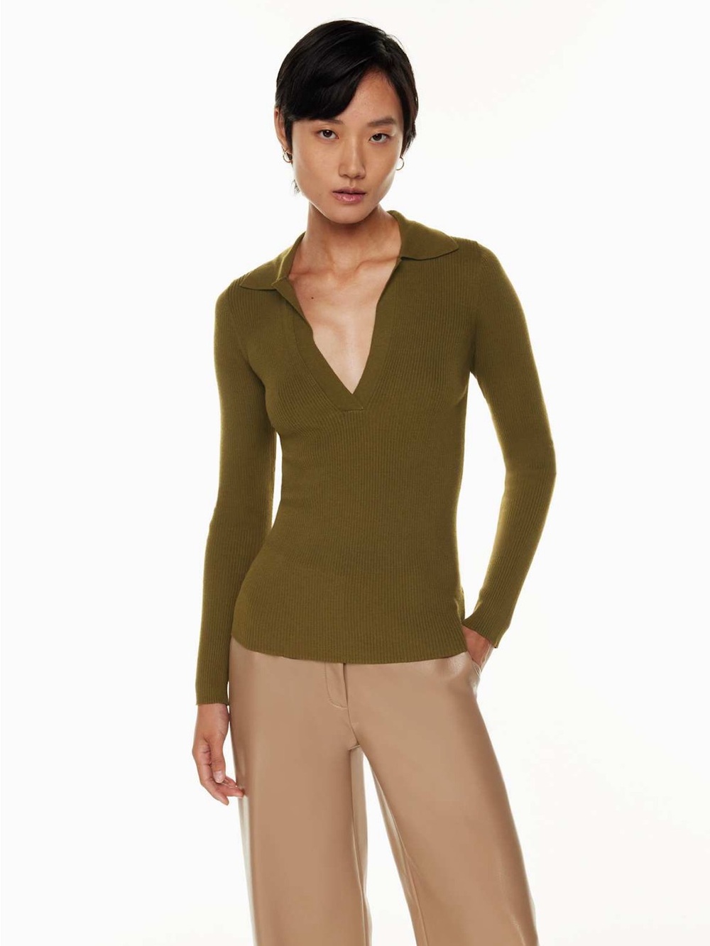 Babaton Olive Green Leyster V-Neck Sweater